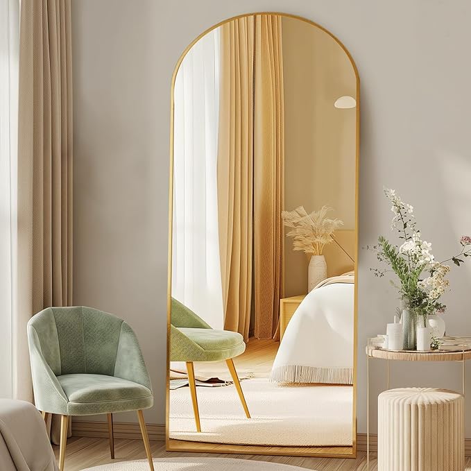 DUMOS 64"x21" Arched Full Length Floor Mirror, Full Body Mirror, Gold | Shatterproof Tempered Glass, Modern Aluminum Alloy Frame, Free Standing or Leaning for Home Decor