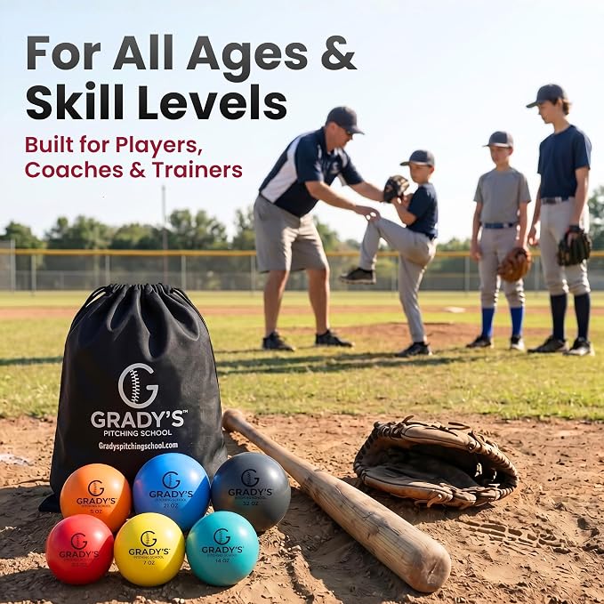Grady's Pitching School Weighted Velocity Training Ball Set – Seam & Seamless Options for Pitching & Arm Strength + Set of 6 Balls + Carrying Case