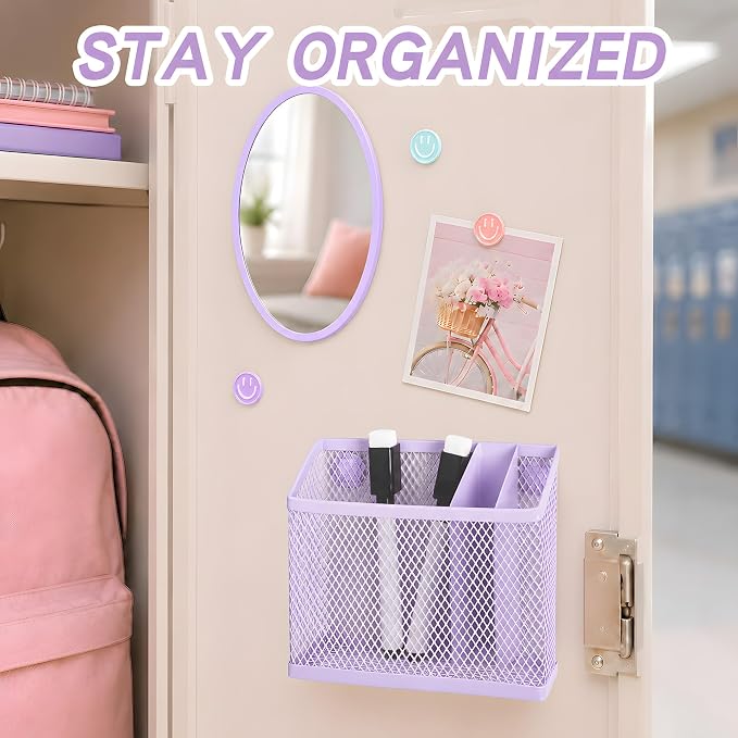 8 PCS Purple Locker Accessories for Girls Cute Locker Decorations Kit with Magnetic Mirror Whiteboard Pen Holder Magnets Locker Organizer Set for School Back to School Essentials