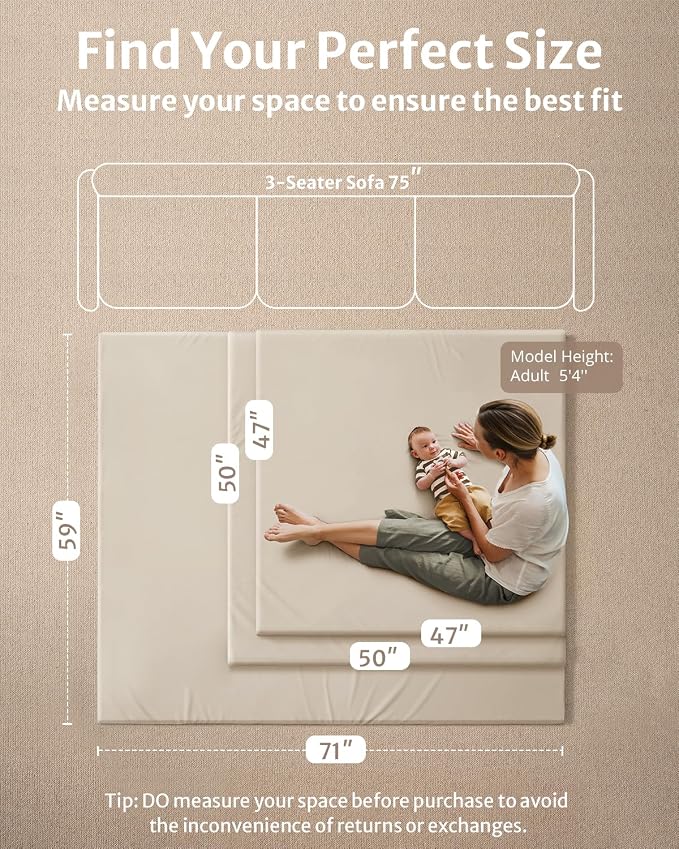 Blissful Diary Vegan Leather Baby Play Mat, 71''x59'', Beige | thick cushion, safe and soft fabric, waterproof and wip clean, indoor use, non-slip bottom, stylish mordern decor