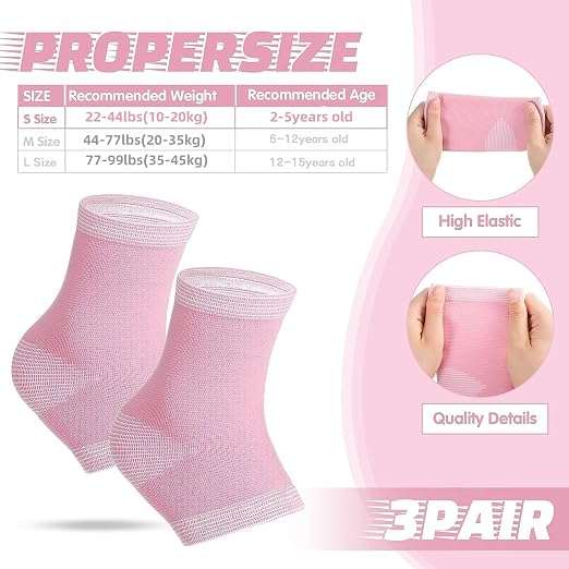 Tarpop 3 Pair Ankle Compression Sleeves for Kids Ankle Brace Compression Sleeves Foot Arch Sock for Girls Sports Running Dance Fitness Gymnastics(Pink,Large)