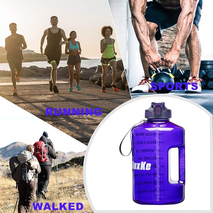 SLUXKE 1 Gallon Motivational Sports Water Bottle with Time Marker, BPA Free 128oz Leak Proof Jug, Black, Plastic, 128 ounces, Fitness, Sports, Outdoor Activities
