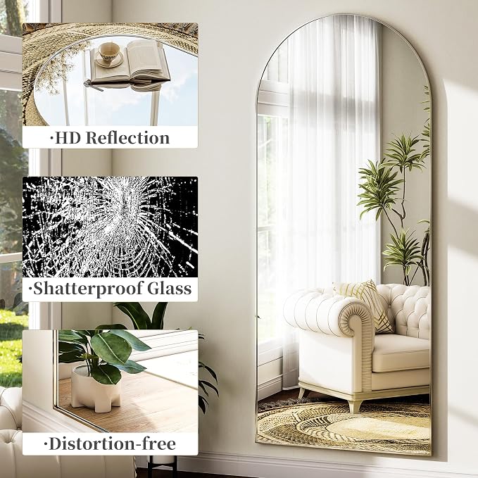 Arched Full Length Mirror 71"x26" Leaning Hanging Decor Silver | Standing Body Mirror with Aluminum Frame for Bedroom Cloakroom Living Room Make-up Gift