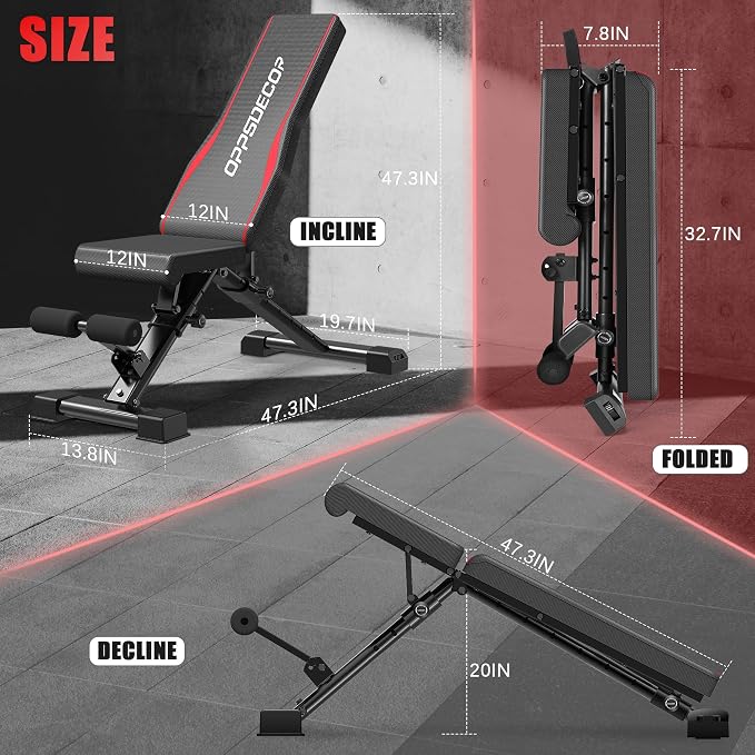 OPPSDECOR Adjustable Weight Bench, 900LBS Incline Decline Flat for Home Gym | Incline Decline Flat Bench Press, 8+4+2 Positions, 18.5in Seat Height, 99% Pre-Assembled, Fits 5-6ft Users, Folds in 1 Min