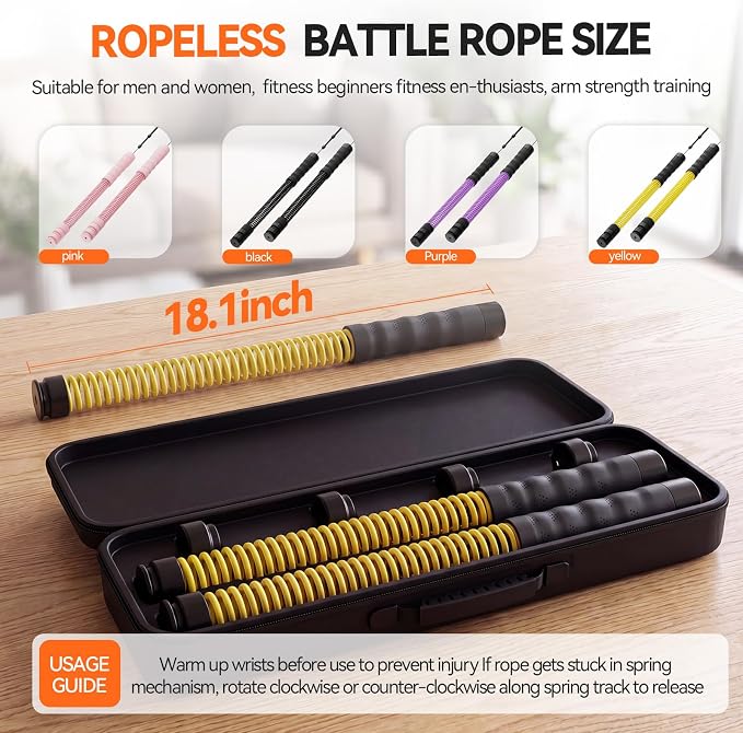 Ropeless Battle Ropes for Home Gym, 3 Adjustable Resistance, Heavy Duty Cordless Battle Ropes for HIIT, Full Body Workout, Men & Women, Yellow