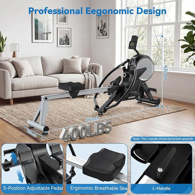 pooboo Dual Scull Rowing Machine with Wind and Magnetic Resistance | 400 LB weight capacity, 14 resistance levels, foldable design, quiet operation and app support for convenient home workouts