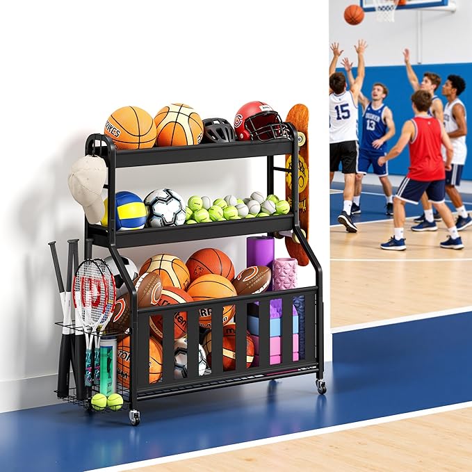 Sports Equipment Organizer, Large Capacity Garage Ball Storage Rack | Heavy-Duty Rolling Ball Cart with Locking Wheels for Basketball, Soccer & Sports Gear