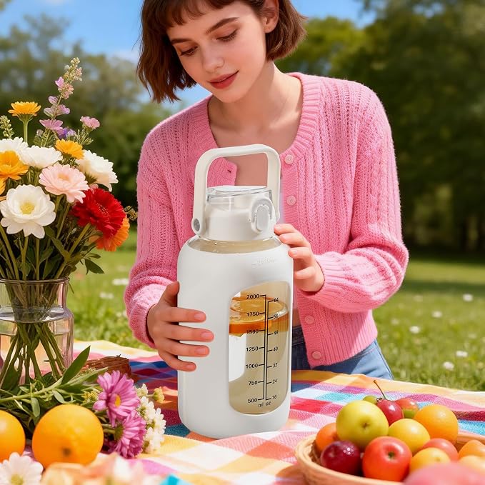 84oz Glass Water Bottle with Straw, 2.5 Liter Large Water Bottle with Silicone Sleeve and OZ Marker, Wide Mouth Gallon Glass Bottle with 2-in-1 Lid, Leakproof Water Jug for Gym Home, White