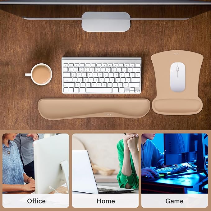 MOSISO Wrist Rest Support for Mouse Pad & Keyboard Set, Ergonomic Mousepad Non-Slip Base Home/Office Pain Relief & Easy Typing Cushion with Neoprene Cloth & Raised Memory Foam, Mocha