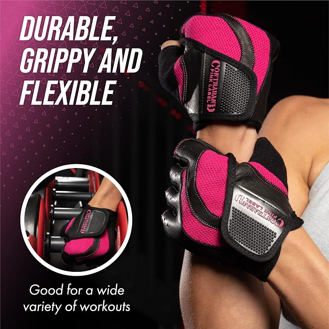 Contraband Pink Label 5437 Womens Extreme Grip Weight Lifting Gloves w/Heavy Rubber Padded Palm (Pair) - Heavy Duty Palm w/Griplock Silicone & Rubber Grip Pads for Gym Workouts