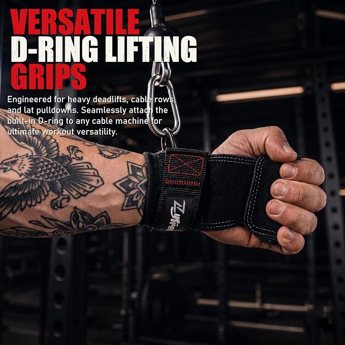 Weight Lifting Grips with D-Ring, Leather Palm and Wrist Support | Grip support for pulling workouts, less palm strain, D-ring cable options, padded wrist support