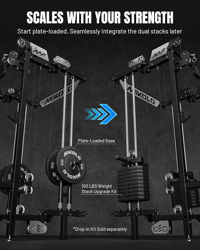 Mikolo Folding Squat Rack, Wall Mounted Power Rack with Cable Crossover Machine & LAT Pull Down, Functional Trainer with 5 Adjustable Function Modes, Home Gym Package