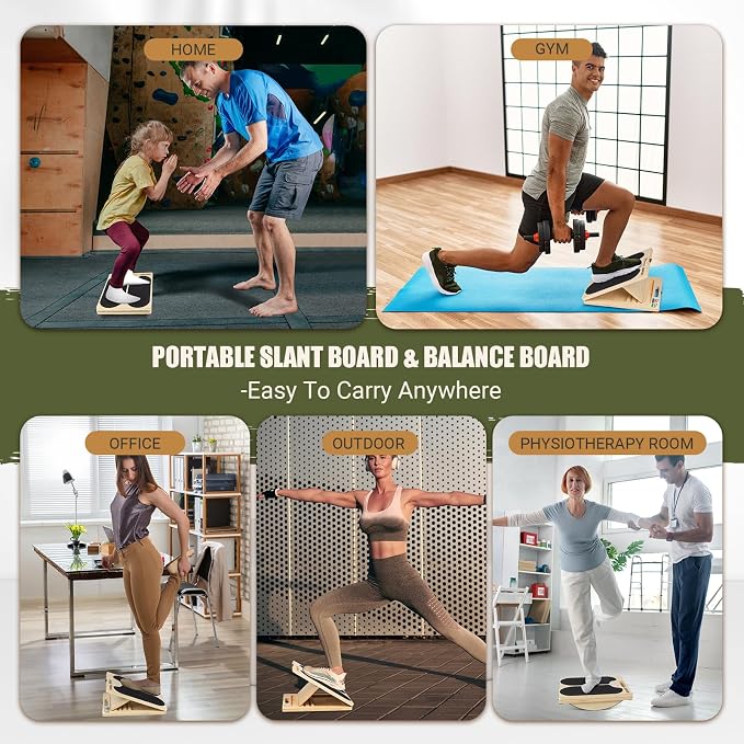 Slant Board Calf Stretching, 300 LBS Capacity Portable Wooden Incline Board | Training Poster, 5 Adjustable Angles, Non-Slip Calf Mobility Board for Legs, Ankles, Knees, Heels, Physical Therapy & Squats