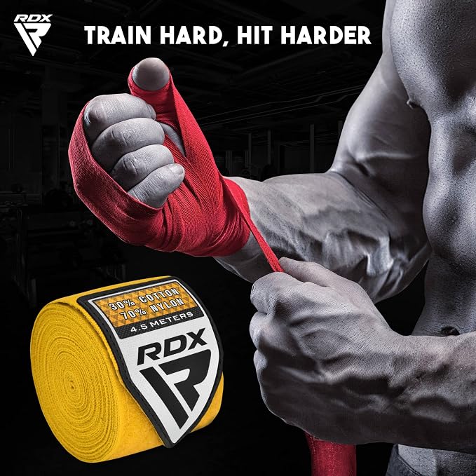 RDX Boxing Hand Wraps 4.5M / 180 Inches – Mexican Style Semi-Elastic MMA Inner Gloves - Wrist Support for Muay Thai, Kickboxing, BJJ, Karate - Thumb Loop & Hook and Loop Closure - Cotton & Nylon Blend