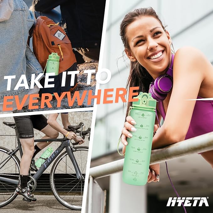 Hyeta Plastic Water Bottle With Straw & Time Marker, 32oz Leakproof Jug | Motivational Tritan BPA Free Gym Office Outdoor Intake Tracker Hourly Reminder Straw Lid Lightweight