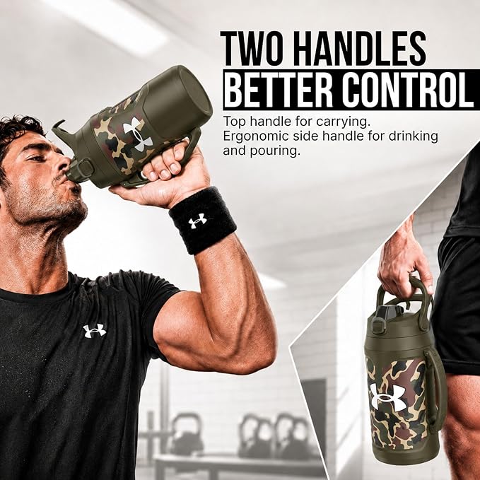 Under Armour Insulated Water Bottle with Handle & Fence Hook, Half Gallon Sports Water Jug, Leak-Resistant & BPA-Free for Baseball, Football & Gym - Green Hyper Camo, 64oz