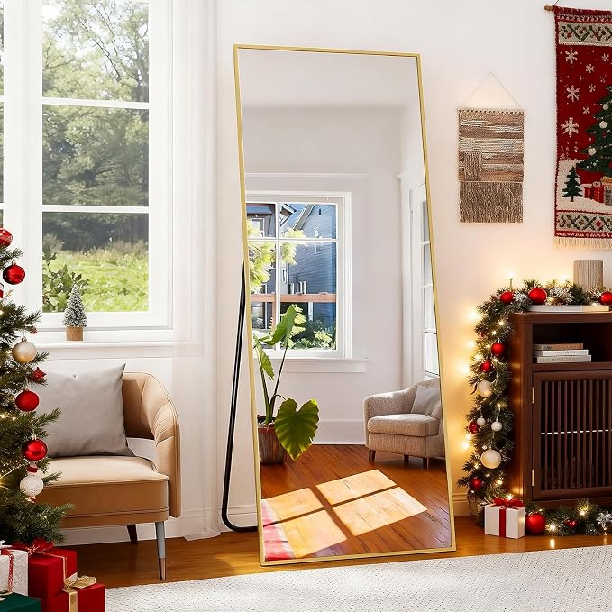 BEAUTYPEAK Full Length Mirror with Stand, 56"x21" Floor Mirror | ShatterVue Tempered Full Body Mirrors with Aluminum Alloy Thin Frame, Standing or Wall-Mounted Mirrors for Living Room, Gold