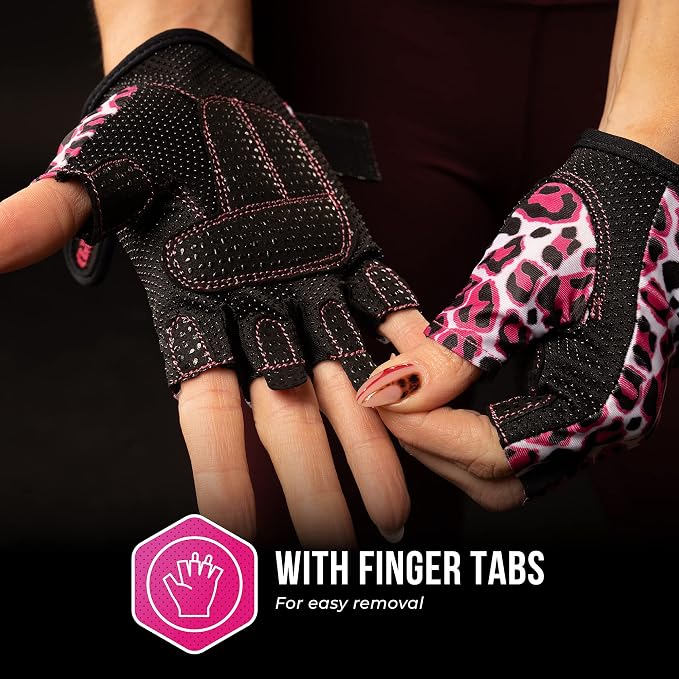 Contraband Pink Label 5297 Womens Design Series Leopard Print Lifting & Rowing Gloves (Pair) - Lightweight Vegan Medium Padded Microfiber Amara Leather w/Griplock Silicone