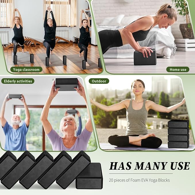 20 Pcs EVA Yoga Blocks Bulk, Non Slip Exercise Brick, Black | Foam Yoga Prop for Pilates Stretching Meditation, Supportive Lightweight Bricks, Women Men Beginners, 20 Pack
