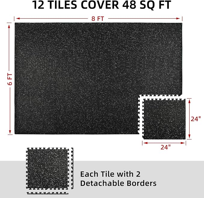 0.56" Rubber Top Gym Flooring, 12 Tiles 48 Sq Ft Heavy Duty Interlocking Gym Mats for Home Gym, Non-Slip High Density EVA Foam Workout Mat, Protect Floors from Weights, 24x24in, Black/White