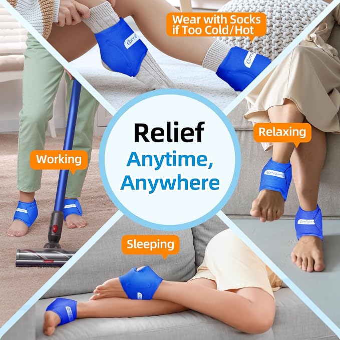 Comfytemp Ankle Ice Pack Wrap for Plantar Fasciitis, Swelling, Foot Pain Relief, Gel Ice Packs for Injuries Reusable, Hot Cold Compress for Achilles Tendonitis Sprained Ankles Feet, 2 Packs, Dark Blue