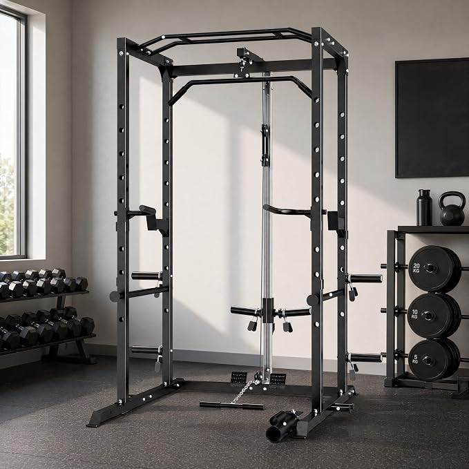5-in-1 Power Rack Heavy Duty Home Gym | 5 Configs: Only, +Pulley, +Bench, +150LB, +240LB. 1200LB, 50x50mm, 83"H. J-Hooks, Safety Bars, Landmine. Olympic 2" Plates.