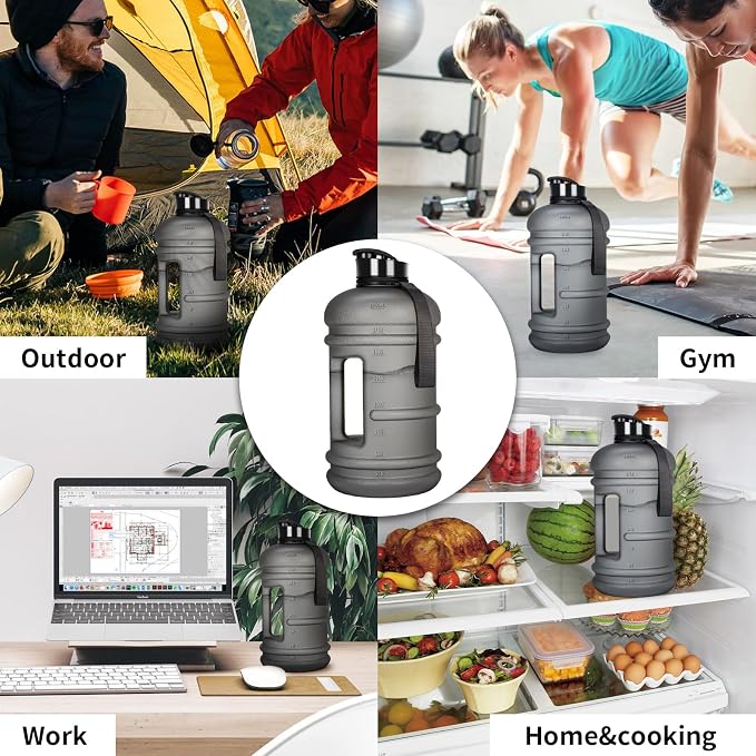 TOOFEEL Half Gallon Water Jug - 2 Liter BPA Free Reusable Bottle with Measurements - Ideal for Gym, 74 oz Matte Light Gray