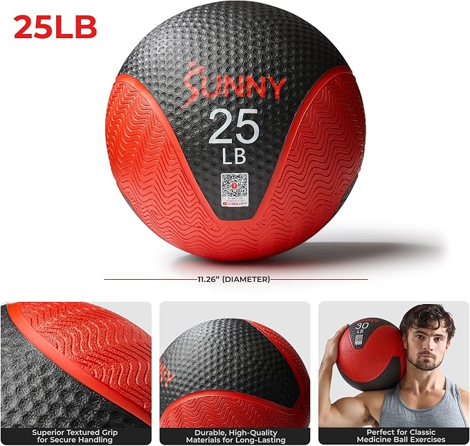 Sunny Health & Fitness 10 LB Medicine Ball with Premium Dual Textured Grip | 4-30LB Weighted Rubber Medicine Ball, Bouncing Wall Ball, Slam Ball Workouts, Throws Squats Core Strength Training