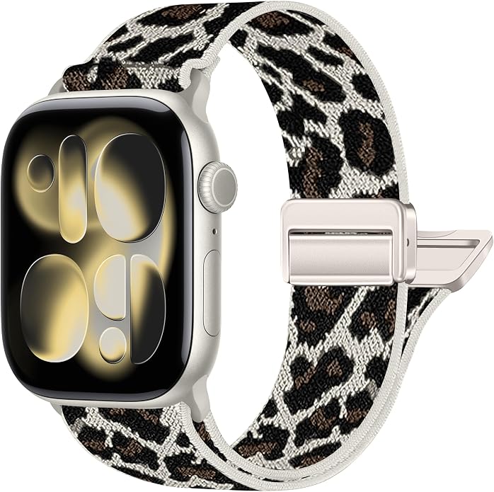 Leopard Braided Magnetic Nylon Watch Bands Compatible with Apple Watch Bands 40mm 41mm 42mm 44mm 45mm 46mm 49mm 38mm Women Men, Elastic Sport Strap for iWatch Series 11 10 9 8 7 6 5 4 SE Ultra 3 2 1
