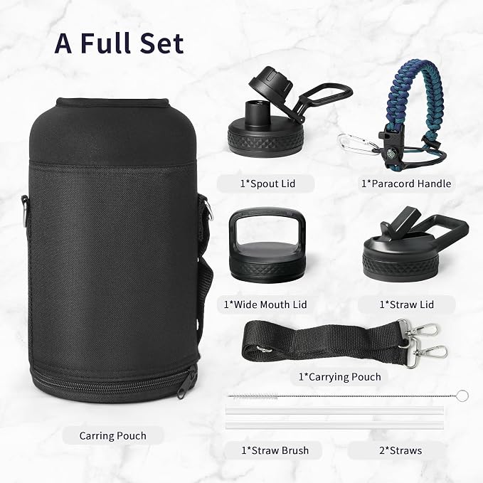 Trebo 64 oz Water Bottle Stainless Steel with 3 Lids, Paracord Handle & Bag | Half Gallon Large Insulated Jug, Triple Wall Vacuum Copper Plated, Dishwasher Safe, Cold 48Hrs for Outdoor, Hiking, Gym