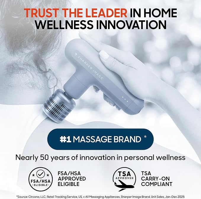Sharper Image Deep Tissue Percussion Massage Gun, Powerboost Move Evo Hot & Cold Rechargeable Handheld Massager, 4 Adjustable Speeds, 5 Attachment Heads & Carrying Case, for Muscle Pain Relief, Blue