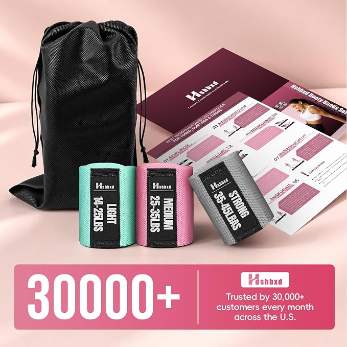 Fabric Resistance Band Set with Exercise Guide, 3 Levels for Hip and Glute | For women and men; 3 resistance levels with an exercise guide for legs, squats, yoga, fitness, and physical therapy