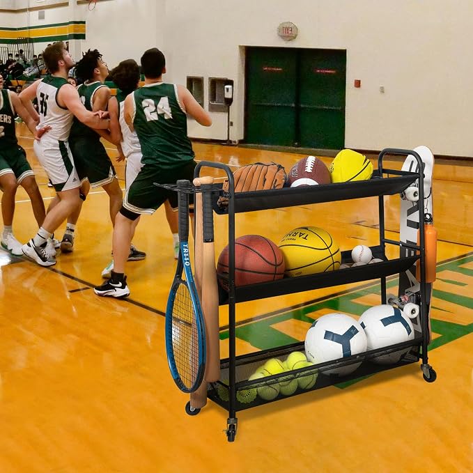 STORAGE MANIAC Basketball Rack 3-Shelf Training Stand with Wheels | Sports Ball Cart with Hooks, Rolling Ball Basket Storage for Garage or Gym, Indoor & Outdoor Sports Equipment Organizer