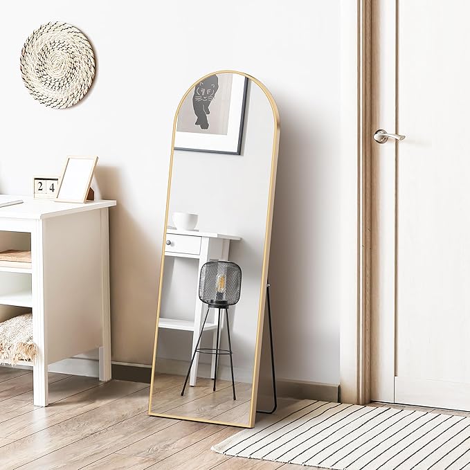 OLIXIS 56"x15.5" Arched Full Length Gold Mirror for Bedroom | Full Body Mirror with Stand, Hanging or Leaning for Wall, Aluminum Alloy Thin Frame Floor Standing for Living Room, Long