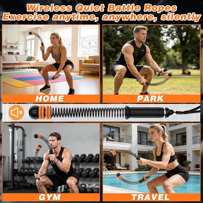 Ropeless Battle Ropes, with 8 Adjustable Weight Rings & Storage Bag, Portable Cordless Heavy Duty Fitness Rope for Home Gym, HIIT, Strength, High Calorie Burn, Low-Impact Cardio for Men and Women
