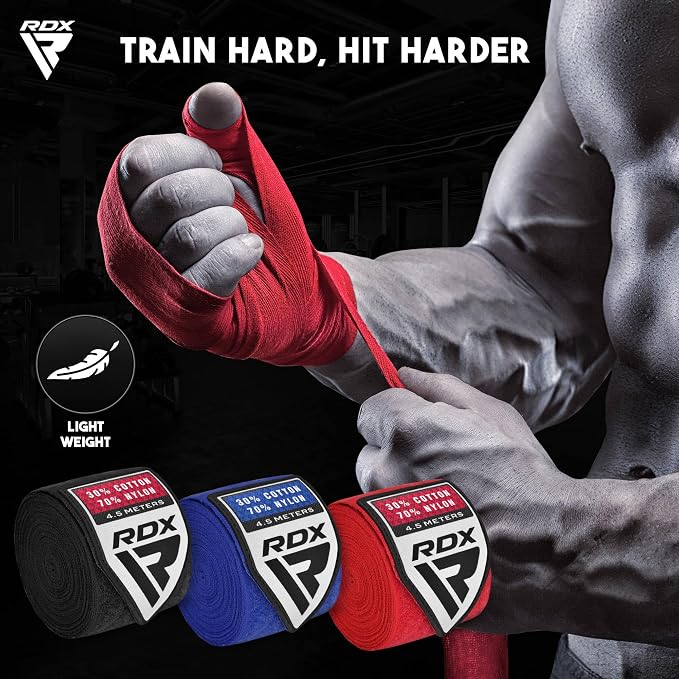 RDX Boxing Hand Wraps 4.5M / 180 Inches – Mexican Style Semi-Elastic MMA Inner Gloves - Wrist Support for Muay Thai, Kickboxing, BJJ, Karate - Thumb Loop & Hook and Loop Closure - Cotton & Nylon Blend