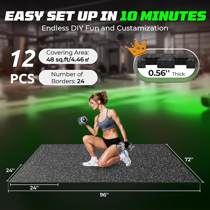 PRAISUN 0.56" Rubber Top Gym Flooring, Heavy Duty Interlocking Gym Mats for Home Gym, Non-Slip Workout Mat, 24 x 24in Large Gym Floor Mat, Protect Floors from Weights & Equipment, 48 Sq Ft, Black/Grey