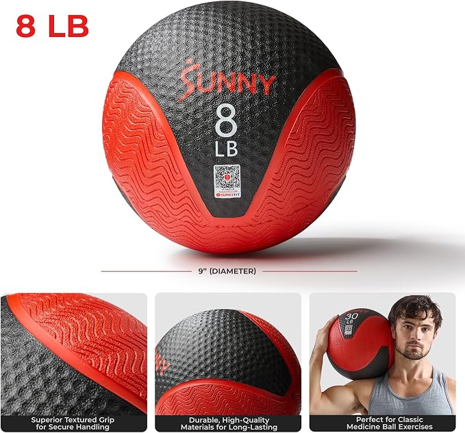 Sunny Health & Fitness 10 LB Medicine Ball with Premium Dual Textured Grip | 4-30LB Weighted Rubber Medicine Ball, Bouncing Wall Ball, Slam Ball Workouts, Throws Squats Core Strength Training