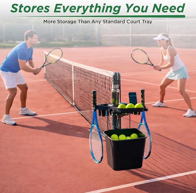 Grand Slam Court Caddie - Tennis and Pickleball Court Organizer for Fence and Net Post - Cup Holders, Phone Storage, Ball Slots, Racquet Hooks and Dual Waste Basket Mount - Weather-Resistant