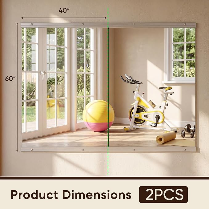 Antok Home Gym Mirror 60"x40" 2PCS, Large Full Length Wall Mounted Mirrors, Frameless Tempered Glass Full Body Mirror for Gym Yoga Dance Studio Garage Bedroom & Bathroom