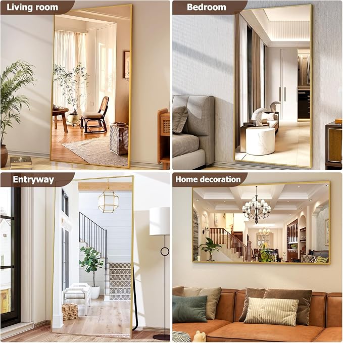 Easly Full Length Mirror with Stand 38"x77" Full Body Mirror Floor Mirror Standing Hanging or Leaning Wall, Wall Mirror with Stand Aluminum Alloy Frame for Living Room Bedroom Cloakroom,Gold