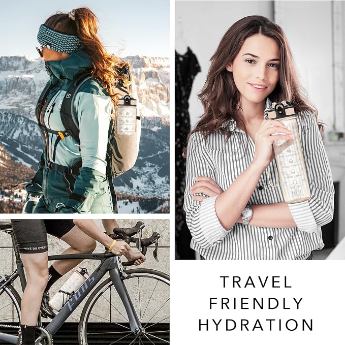 Hyeta Water Bottle with Straw & Time Marker, Plastic 32oz Leakproof | Motivational Tritan BPA Free Gym Office Outdoor Intake Tracker Hourly Reminder Straw Lid Carry Strap