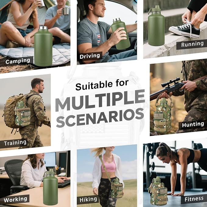 DEFUNX Half Gallon Water Bottle Insulated with Sleeve - Tactical 64 oz Stainless Steel Water Jug with MOLLE Water Bottle Pouch, Gym Water Bottles for Men Hiking Workout (Woodland Digital Camo)