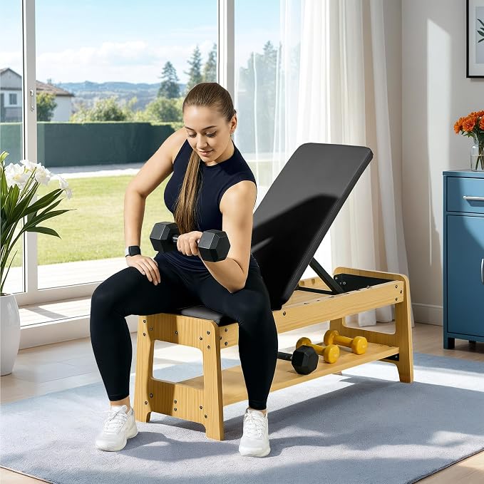 Soozier Adjustable Weight Bench with Dumbbell Rack Wooden Gym | Flat or Incline Design, Home Gym Weight Lifting Training