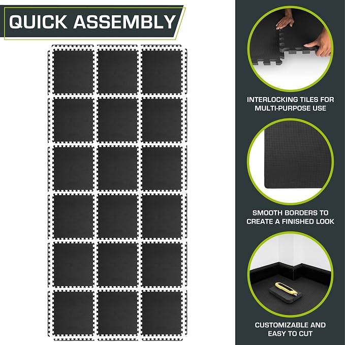 ProsourceFit Weaved Pattern Extra Thick Exercise Puzzle Mat 1-inch, EVA Foam Interlocking Tiles for Protective, Cushioned Flooring for Home and Gym Equipment; Black, 72 SQ FT, 18 Tiles