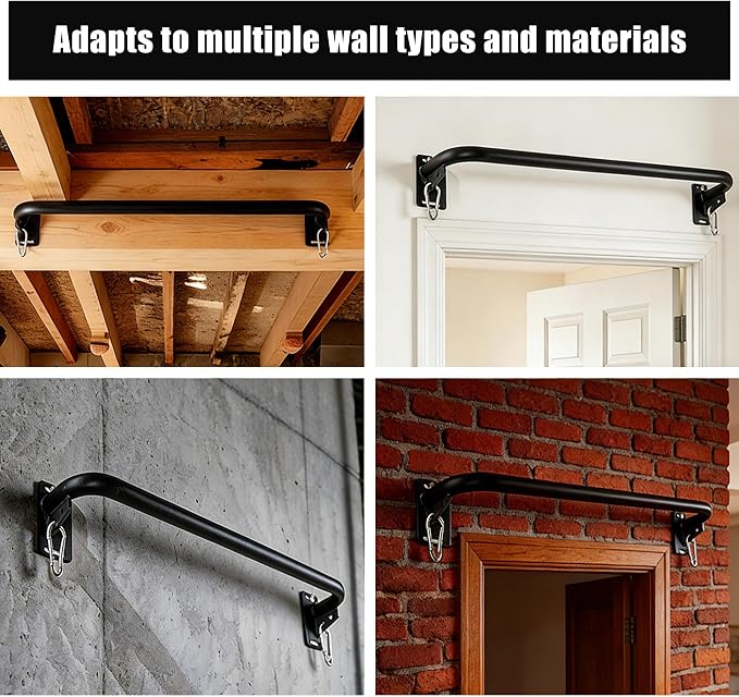 Wall Mounted Pull Up Bar, Carbon Steel Doorway Chin Up Bar for Home Gym | Reinforced plate supports fit joists and studs, creating a stable space-saving upper-body strength training station.