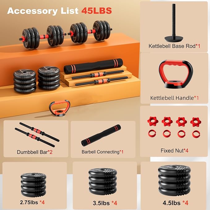 Adjustable Dumbbell Set, 20/30/45/70/90lbs, 5 in 1 Multi-Function Dumbbells | Converts to Barbell Kettlebell&Push up Stand, Free Weight Set for Home Gym Workout, Suitable for Men/Women Strength Training