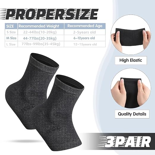 Tarpop 3 Pair Ankle Compression Sleeves for Kids Ankle Brace Compression Sleeves Foot Arch Sock for Girls Sports Running Dance Fitness Gymnastics(Black,Small)