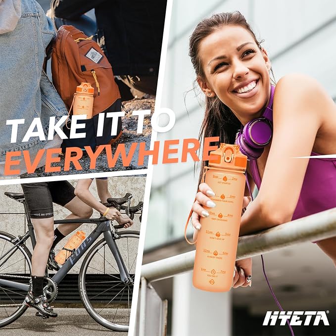 Hyeta Plastic Water Bottle With Straw & Time Marker, 32oz Leakproof Jug | Motivational Tritan BPA Free Gym Office Outdoor Intake Tracker Hourly Reminder Straw Lid Lightweight