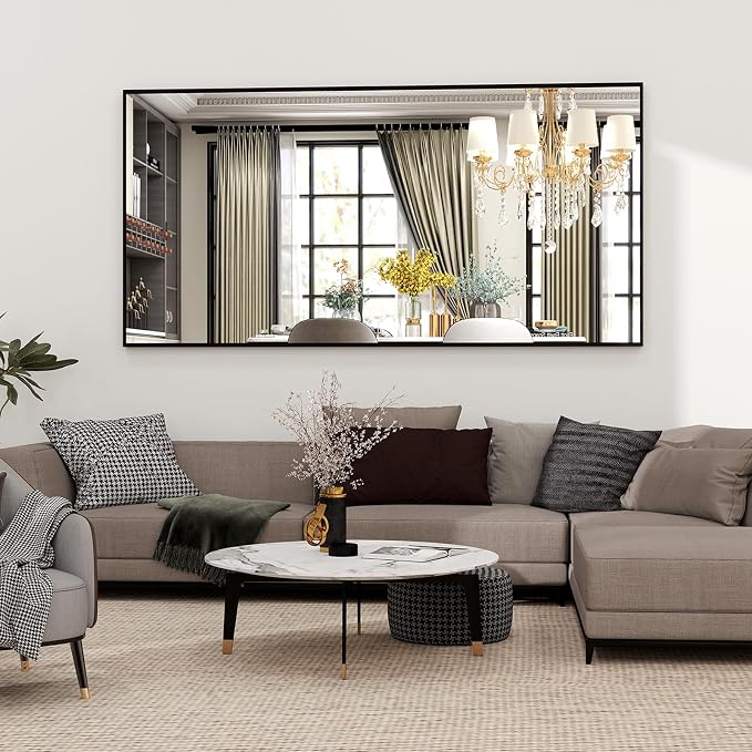 Easly 34"x76" Full Length Mirror with Stand, Large Rectangular Floor Mirror for Bedroom, Living Room or Closet, Wall-Mounted or Freestanding, Black Aluminum Alloy Frame